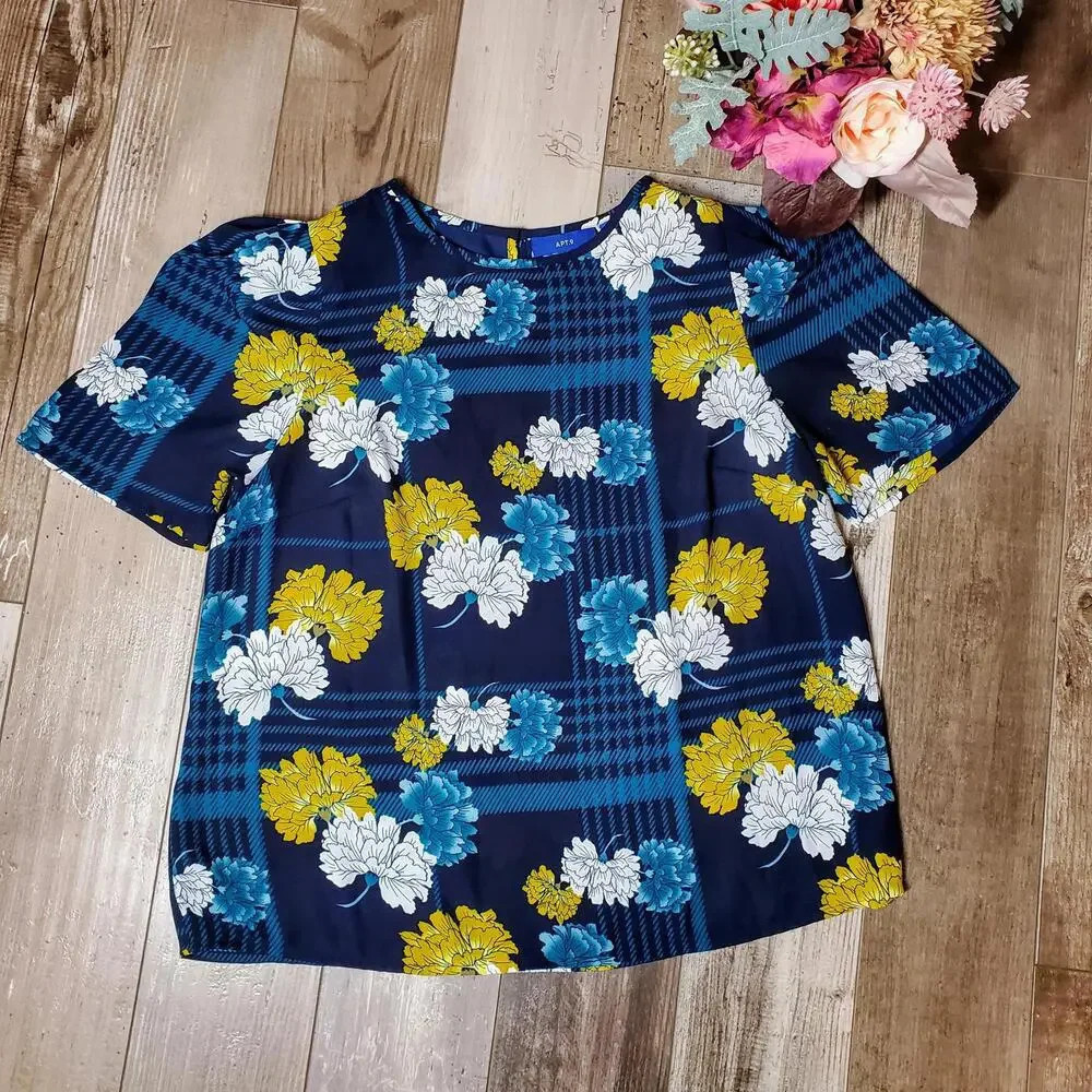Apt. 9 Women's Puff Sleeve Floral Satin Blouse Georgette Top Keyhole Back Size S